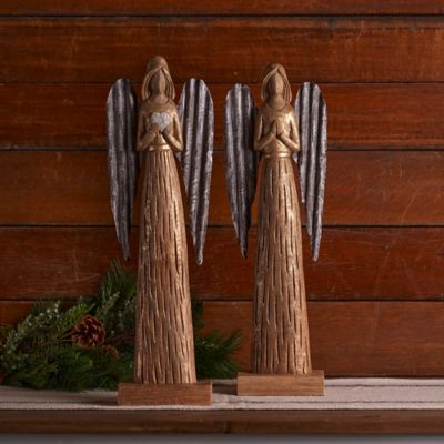 Image showing  Carved Wood Angel Statue (Set of 2)