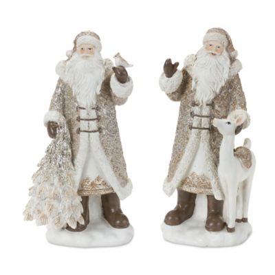 Melrose International Santa Figurine with Deer and Pine Tree Accents (Set of 2)