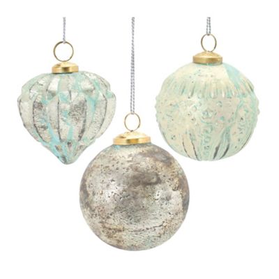 Melrose International Distressed Mercury Glass Ornmanet (Set of 6), Winter Blue