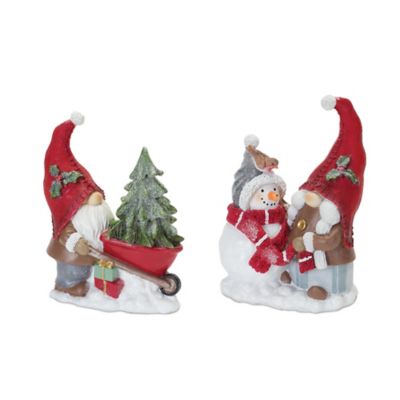 Melrose International Gnome Figurine with Snowman and Pine Tree (Set of 2)
