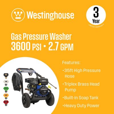 Image showing  3,600 PSI 2.7 GPM Gas Cold Water Pressure Washer, 5 Nozzles & Soap Tank