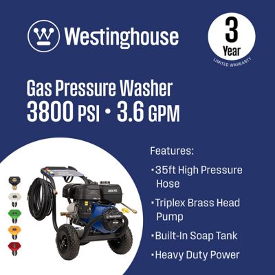 Image showing  3,800 PSI 3.6 GPM Gas Cold Water Pressure Washer, 5 Nozzles and Soap Tank