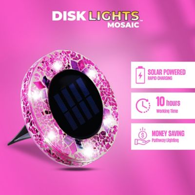 Image showing  Mosaic Disk Lights Solar Powered Pink LED Path Lights (8-Pack)