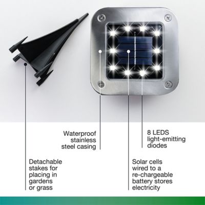 Image showing  8-Lumen Solar-Powered Outdoor Integrated LED In-Ground Square Disk Path Lights, Stainless Steel, 8-Pack
