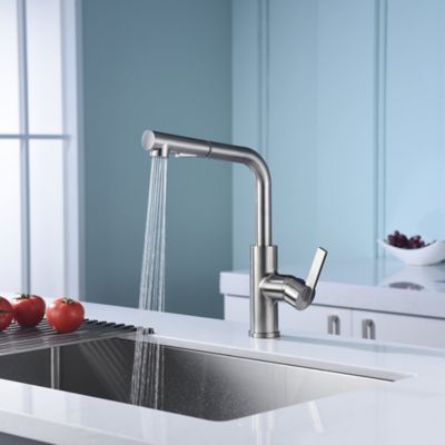 Image showing  Hena Single-Handle Pull-Out Sprayer Kitchen Faucet with Accessories in Rust and Spot Resist in Brushed Nickel