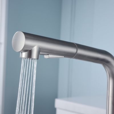 Image showing  Hena Single-Handle Pull-Out Sprayer Kitchen Faucet with Accessories in Rust and Spot Resist in Brushed Nickel