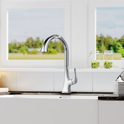 Image showing  Quest Single Handle Pull-Down Sprayer Kitchen Faucet with Accessories in Rust and Spot Resist in Polished Chrome