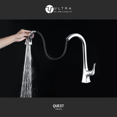 Image showing  Quest Single Handle Pull-Down Sprayer Kitchen Faucet with Accessories in Rust and Spot Resist in Polished Chrome