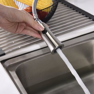 Image showing  Euro Single-Handle Pull-Down Sprayer Kitchen Faucet with Accessories in Rust and Spot Resist in Brushed Nickel