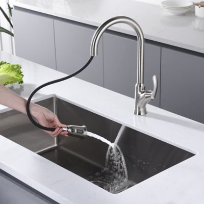 Image showing  Stilleto Single-Handle Pull-Down Sprayer Kitchen Faucet with Accessories in Rust and Spot Resist in Brushed Nickel