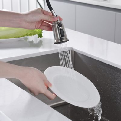 Image showing  Stilleto Single-Handle Pull-Down Sprayer Kitchen Faucet with Accessories in Rust and Spot Resist in Brushed Nickel