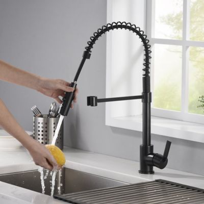 Image showing  Euro Spring Single-Handle Pull-Down Sprayer Kitchen Faucet w/Accessories Rust and Spot Resist in Oil Rubbed Bronze