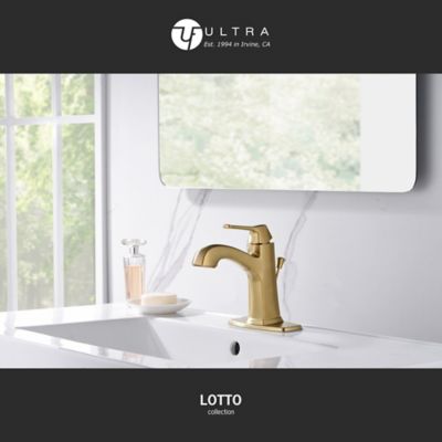 Image showing  Lotto 4 in. Centerset Single-Handle Bathroom Lavatory Faucet Rust Resist with Drain Assembly in Brushed Gold