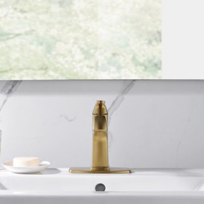 Image showing  Lotto 4 in. Centerset Single-Handle Bathroom Lavatory Faucet Rust Resist with Drain Assembly in Brushed Gold