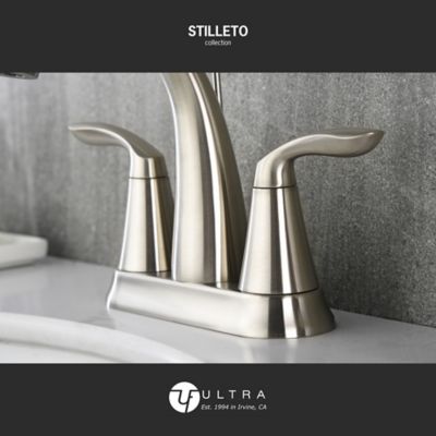 Image showing  Stilleto 4 in. Centerset 2-Handle Bathroom Faucet with Drain Assembly, 1.2 GPM, Rust Resist in Brushed Nickel