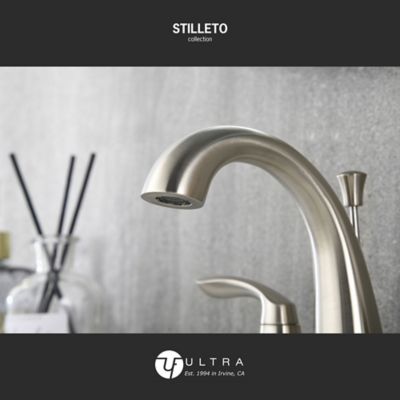 Image showing  Stilleto 4 in. Centerset 2-Handle Bathroom Faucet with Drain Assembly, 1.2 GPM, Rust Resist in Brushed Nickel