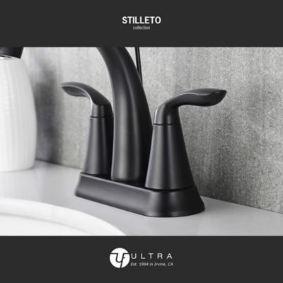 Image showing  Stilleto 4 in. Centerset 2-Handle Bathroom Faucet with Drain Assembly, 1.2 GPM, Rust Resist in Matte Black