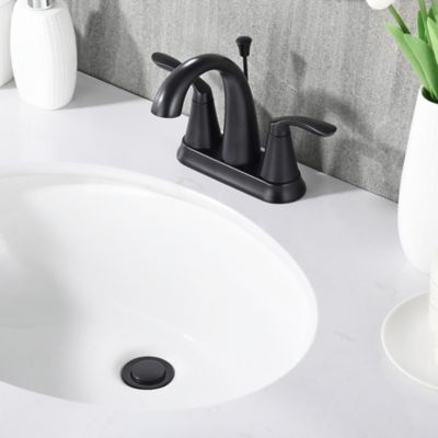 Image showing  Stilleto 4 in. Centerset 2-Handle Bathroom Faucet with Drain Assembly, 1.2 GPM, Rust Resist in Matte Black