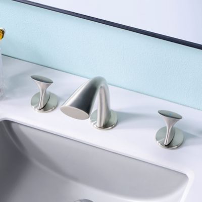 Image showing  Twist 8 in. Widespread 2-Handle Bathroom Faucet with Drain Assembly, Rust Resist in Brushed Nickel