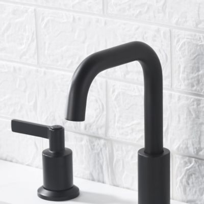 Image showing  Kree 8 in. Widespread 2-Handle Bathroom Faucet with Drain Assembly, Swivel Spout, Rust Resist in Matte Black