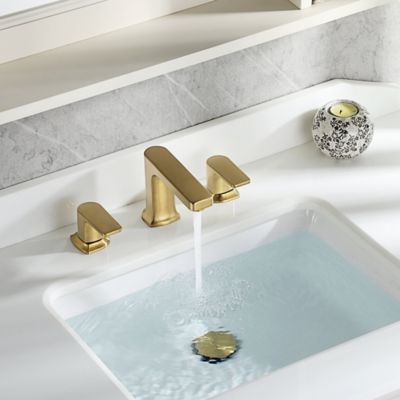 Image showing  Dean 8 in. Widespread 2-Handle Bathroom Faucet with Drain Assembly, Rust Resist in Brushed Gold