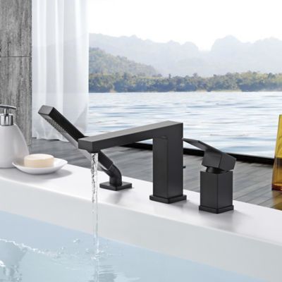 Image showing  Rift Single Handle Deck-Mounted Roman Tub Faucet with Hand Shower in Matte Black