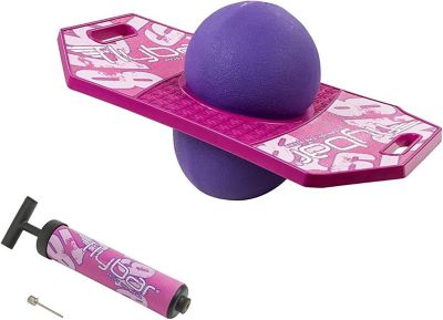 Flybar Pogo Ball, Kids Jump Trick Bounce Board with Pump and Strong Grip Deck, Pink Berry