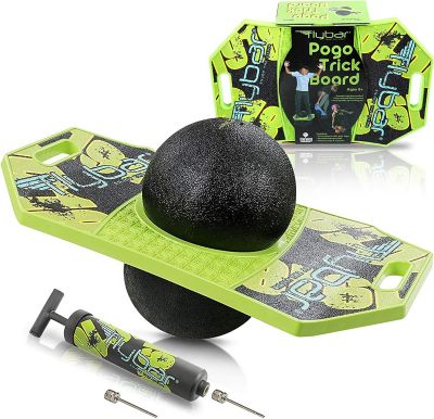 Flybar Pogo Ball, Kids Jump Trick Bounce Board with Pump and Strong Grip Deck, Green Mean