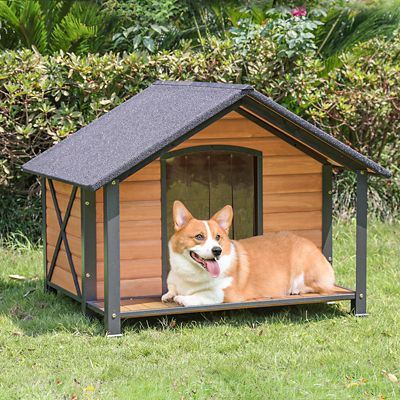 Image showing  Waterproof Indoor/Outdoor Wooden Dog House with Anti-Chewing Metal Frame and Large Porch, Large
