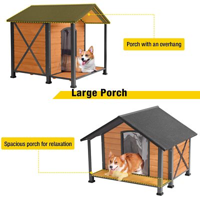 Image showing  Waterproof Indoor/Outdoor Wooden Dog House with Anti-Chewing Metal Frame and Large Porch, Large