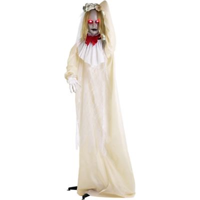 Haunted Hill Farm Poppy the Animatronic Zombie Bride with Pop-Up Head and Light-Up Eyes for Scary Halloween Decoration
