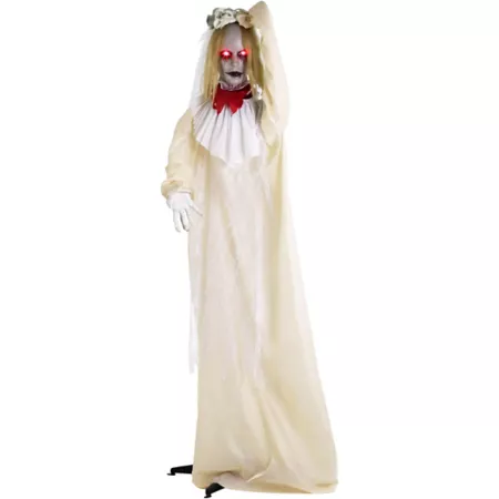 Haunted Hill Farm Poppy the Animatronic Zombie Bride with Pop-Up Head and Light-Up Eyes for Spooky Halloween Decoration Halloween Animatronics