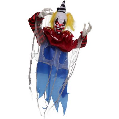 Haunted Hill Farm Wiggles the Animatronic Twisting, Talking Clown Greeter with Folding Door Hook for Scary Halloween Decoration