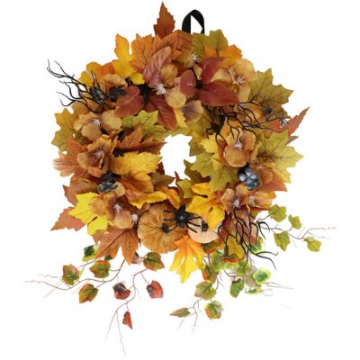 Haunted Hill Farm Festive Harvest Wreath with Fall Leaves, Mini Pumpkins
