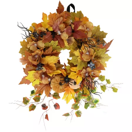 Haunted Hill Farm Festive Harvest Wreath with Fall Leaves Mini Pumpkins Halloween Wreaths & Garlands