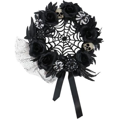 Haunted Hill Farm 15 in. Halloween Black and White Floral Wreath with Pumpkins