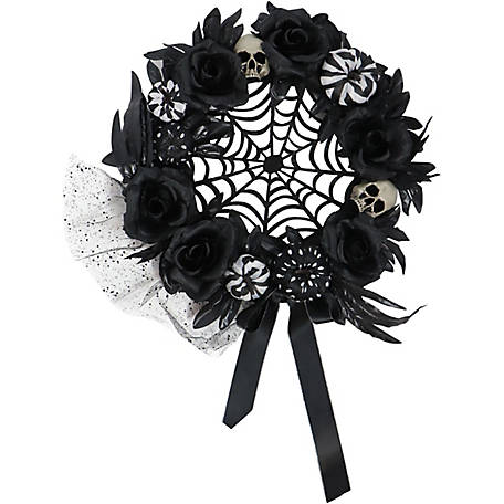 Haunted Hill Farm 15 in. Halloween Black and White Floral Wreath with Pumpkins