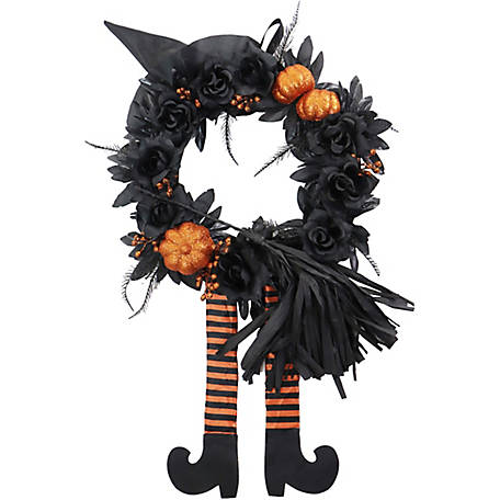 Haunted Hill Farm Halloween Black and Orange Floral Wreath with Pumpkins