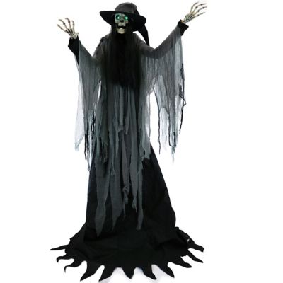 Haunted Hill Farm 7.5 ft. Tall Mara the Macabre Skeleton Witch by SVI Halloween Animatronic, Talking, Plug-In