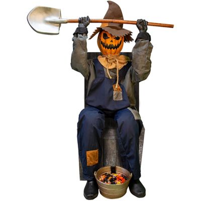 Haunted Hill Farm 55 in. Smiling Jack the Shovel-Wielding Sitting Scarecrow by Tekky Halloween Animatronic