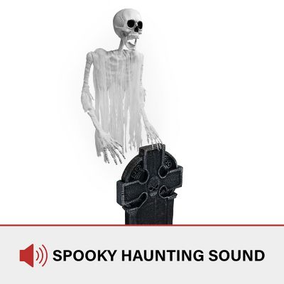 Image showing  69 in. Floating Skeleton Ghost Over Tombstone by Tekky Halloween Animatronic
