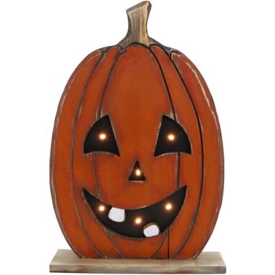 Haunted Hill Farm 18 in. Tall Pumpkin Battery-Operated Wooden Centerpiece with Lights and Timer for Halloween Tabletop Decor