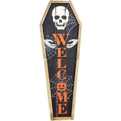 Haunted Hill Farm 33-In. Wood Coffin Welcome Sign with Folding Storage Hinges for Halloween Hanging Decoration