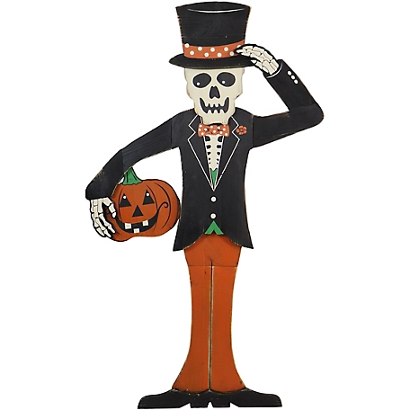 Haunted Hill Farm 46 in. Skeleton Holding a Carved Pumpkin Wood Yard Stake for Halloween Decoration