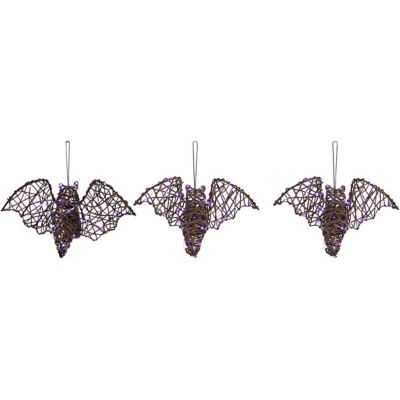 Haunted Hill Farm Set of 3 Battery-Operated Rattan Bats with Hanging Loops