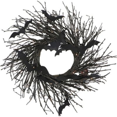 Haunted Hill Farm 15 in. Black Twig Battery-Operated Wreath with LED Lights and Flying Bats
