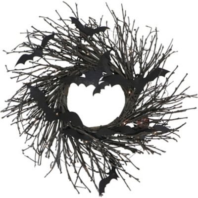 Haunted Hill Farm 15 in. Black Twig Battery-Operated Wreath with LED Lights & Flying Bats for Door or Wall Decoration