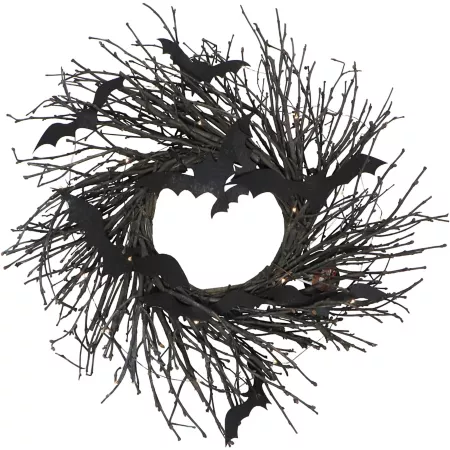 Haunted Hill Farm 15" Black Twig Battery Operated Wreath with LED Lights and Flying Bats for Door or Wall Decor Halloween Wreaths & Garlands