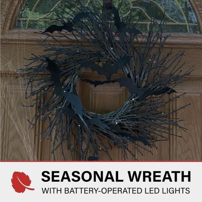 Image showing  15 in. Black Twig Battery-Operated Wreath with LED Lights & Flying Bats for Door or Wall Decoration