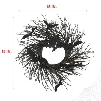 Image showing  15 in. Black Twig Battery-Operated Wreath with LED Lights & Flying Bats for Door or Wall Decoration